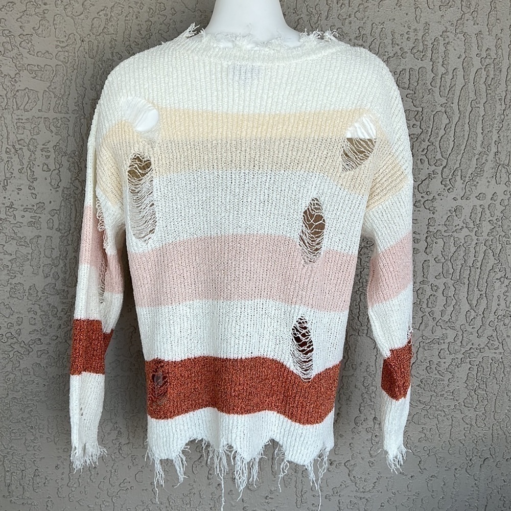 Le Lis Distressed Striped Knit Sweater Shark Bite Hem Boho Size S - Picture 3 of 8